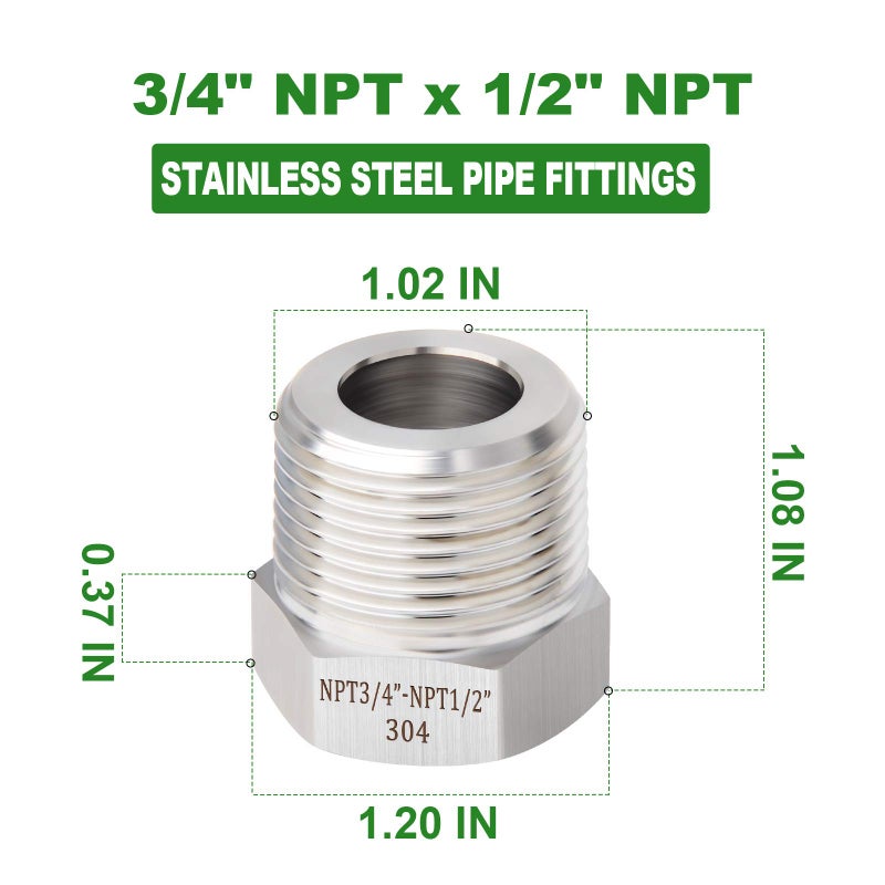 TAISHER 2PCS Forging of 304 Stainless Steel Reducer Hex Bushing, 3/4" Male NPT to 1/2" Female NPT, Reducing Forging Pipe Adapter Fitting - Image 4
